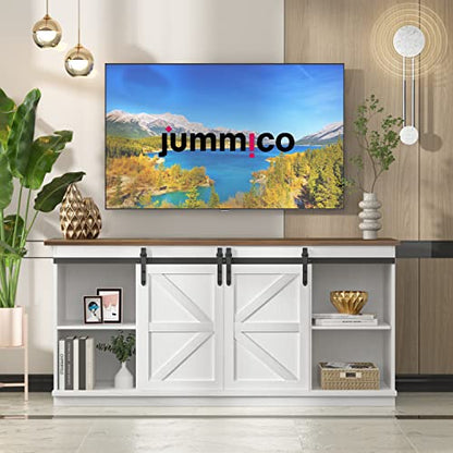 JUMMICO TV Stand for 65 Inch TV, Sliding Barn Doors, Bright White | Farmhouse Entertainment Center, Storage Cabinets, Adjustable Shelves, Media Console for Living Room, Bedroom