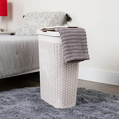 Mind Reader Slim Laundry Hamper with Lid, 40L Clothes Basket, Narrow Tapered Design with Ventilated Cutout Pattern, Plastic, Ivory
