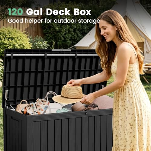 120 Gallon Outdoor Storage Box, Waterproof Resin Deck Box for Indoor & Outdoor Use, Lockable Storage Bench with Piston Hinge, Storage Bin for Patio Cushions, Garden Tools, Package Delivery