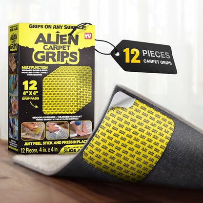 Alien Grip Rug Gripper Carpet Tape - 12pcs, 4x4 in. Anti-Slip Hardwood, Tile Floor, No Damage - Double Sided Reusable, Non Slip Corner Rug Pads - As Seen on TV