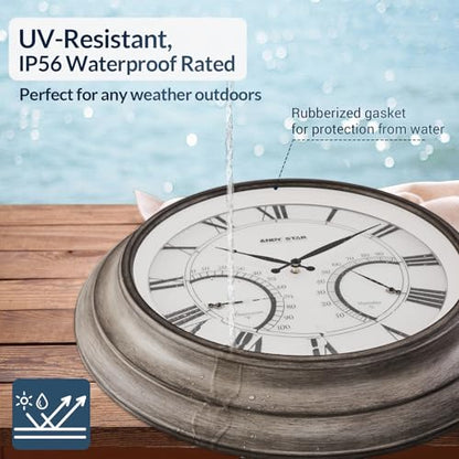24 Inch Outdoor Clocks Waterproof,Large Outdoor Wall Clocks for Garden Patio Pool, Modern Lighted Metal Clock Battery Operated with Thermometer&Hygrometer, Gray Oak Wooden Non Ticking