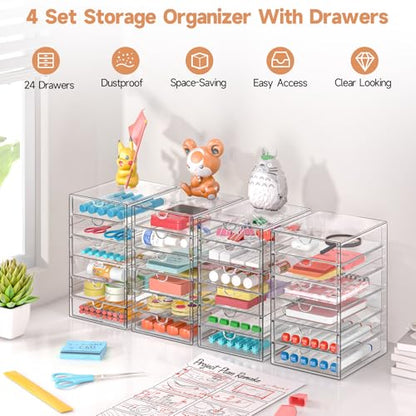 DOMNIU Acrylic Makeup Drawer Storage Organizer with 24 Drawers, 4 Set | Office Desk Organization and Storage, Dustproof Drawer Organizer for Makeup, Countertop, Jewelry, Desktop, Bathroom, Bedroom