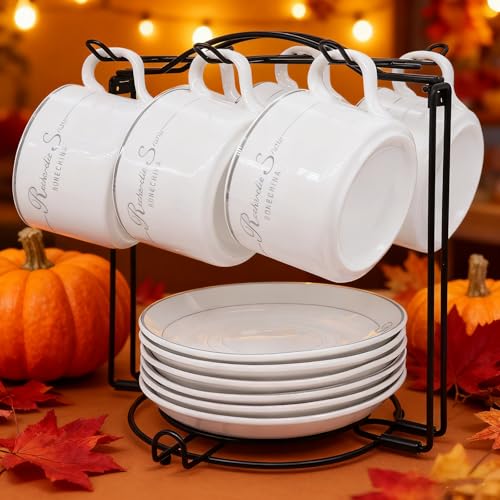 Coffee Cup Holder,Foldable Metal Tea Cup Holder for Cup,Saucers & Spoons | Storing and Displaying Cups,for Countertop,Sturdy & Rust-Resistant,Space Saving,Easy Assembly,Home Decor & Organizer