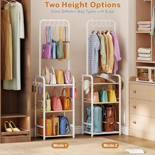 Tall Purse Organizer for Closet with 5 Purse Hanger & 6 Side Hooks, 4 Tier | Floor-Standing Purse Rack Stand for Purse Storage, Narrow & High-Capacity Handbag Organizer, Backpack Storage for Small Place