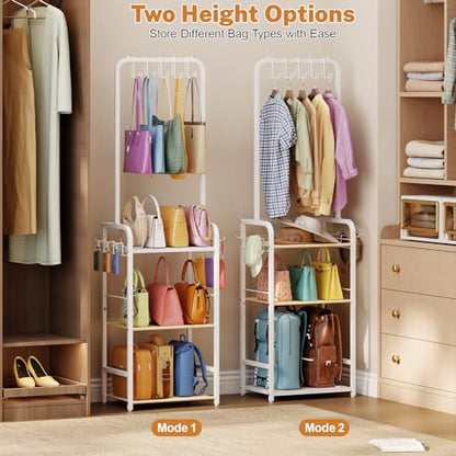 Tall Purse Organizer for Closet with 5 Purse Hanger & 6 Side Hooks, 4 Tier | Floor-Standing Purse Rack Stand for Purse Storage, Narrow & High-Capacity Handbag Organizer, Backpack Storage for Small Place