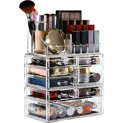 Cq acrylic 3 Pack Clear Makeup Organizer Countertop,Stackable 8 Drawers Skincare Organizer,Cute Skin Care Organizer for Vanity Hair Clip,Jewelry,Beauty Product Desk and Make Up Organizers for Vanity
