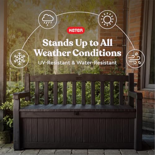 Keter Solana 70 Gal Outdoor Storage Bench for Patio and Pool Accessories | Brown, Resin, Seating, Weatherproof, Lockable, Durable, Easy Assembly, Organization, Patio Cushions Storage, Garden Tools