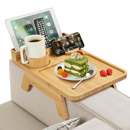 Bamboo Couch Arm Tray,with Cup Holder Phone Stand&Non-Slip(Natural Bamboo) | 100% side-pressed bamboo couch arm tray, cup holder & phone slot, non-slip base, fits most 12" sofa arms, multi-scene use