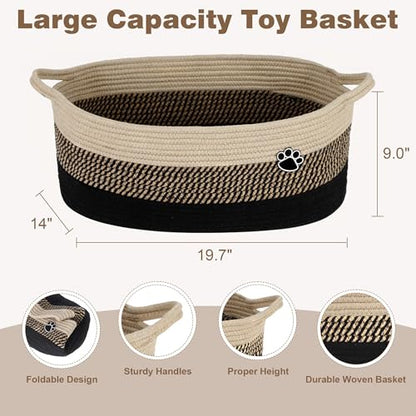 Optish 40L Extra Large Dog Toy Basket, XL Toy Storage Box and Bin with Handles, 20" x 14" x 9" Woven Cotton Rope Foldable Basket for Blankets, Living Room, Bedroom, Home Decor, Black & Brown