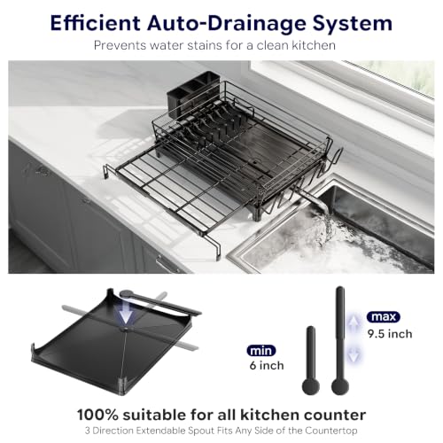 Simple Trending Dish Drying Rack - Expandable Dish Rack for Kitchen Counter, Large Capacity Dish Drainer, Stainless Steel Dish Strainer with Utensil & Cup Holders, Black