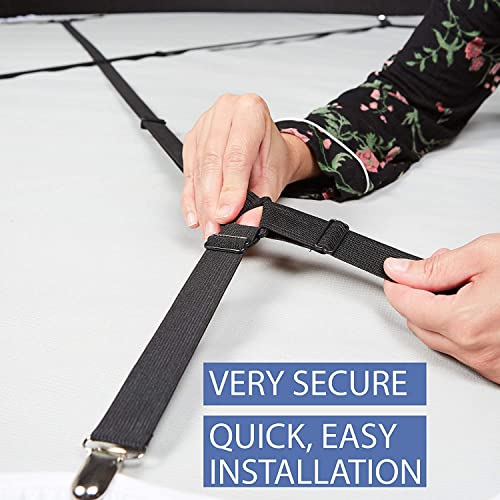 FeelAtHome Criss-Cross Bed Sheet Holders, 4 PCS Black, Mattress Straps | Keep Fitted Sheets Tightly in Place. Heavy Duty Criss Cross Elastic Mattress Suspenders with Strong Clamps. Fits All Beds