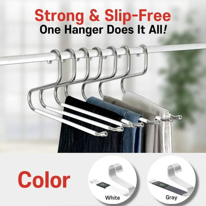 OLG 8mm Stainless Pants Hanger with V Hook and Reverse S, Non-Slip for Men Women -Heavy-Duty Trouser and Jeans Closet Organizer, Ganchos para Pantalones (10, Gray)