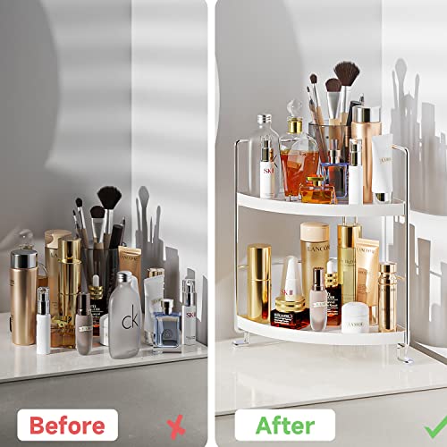 KINGNERWI 2-Tier Bathroom Counter Organizer, Vanity Corner Shelf, Silver | Makeup Skincare Storage Tray, Small Countertop Rack, Stores Cosmetics, Perfume, Seasoning, Fits Sink and Dresser