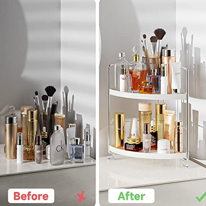 KINGNERWI 2-Tier Bathroom Counter Organizer, Vanity Corner Shelf, Silver | Makeup Skincare Storage Tray, Small Countertop Rack, Stores Cosmetics, Perfume, Seasoning, Fits Sink and Dresser
