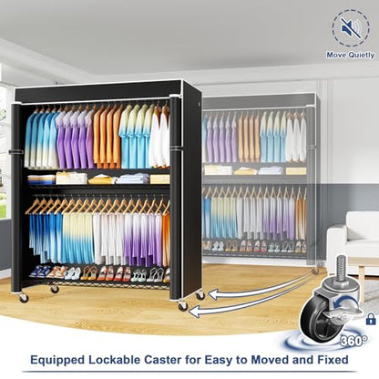 P8C Max Heavy Duty Clothes Rack（With Extended Width Design） Rolling Clothing Racks for Hanging Clothes with Lockable Wheels，51.2"W x 15.8"D x 80.5"H，Load 800LBS，Black Rack with Black Cover