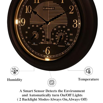 18" Illuminated Outdoor Atomic Analog Clocks Waterproof,IP65 Rating | Auto DST Adjust, Built In Adjustable Thermometer & Hygrometer, Bronze, Accurate & Easy to Read for Patio,Pool & Garden