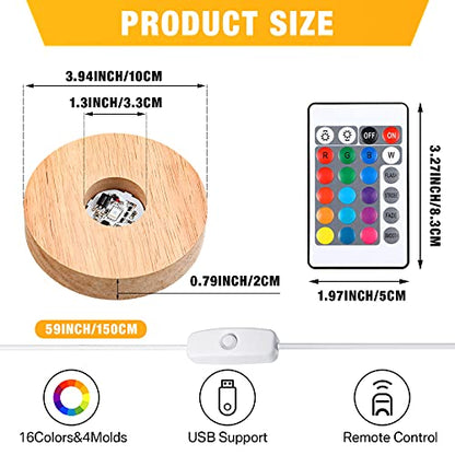 Mudder 2 Pcs Light LED Base Wood LED Display Base for Glass Art Decor Crystal Acrylic Resin, 16 Colored USB Light with Remote Wooden Round Lamp Stand for 3D Crystal Ball Room Home Decor(Wood Color)