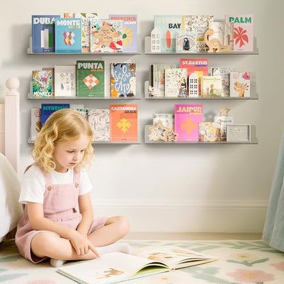 upsimples 15" x 4" Acrylic Shelves for Wall Storage and Organizer, 6 Pcs | Versatile Clear Floating Bedroom Shelves for Figures & Collectibles, Kids Bookshelf, Invisible for Displaying, Room Décor