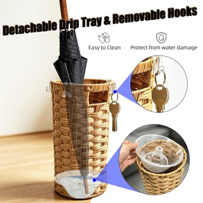 Rattan Umbrella Stand with Drip Tray - Hand Woven Entryway Umbrella Holder | Freestanding Small Rattan Rack Organizer with 4 Hooks for Folding Umbrellas & Canes, 7.5"L x 7.5"W x 16.5"H