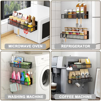 Aufworld Magnetic Spice Rack for Refrigerator, 2 Pack Magnetic Shelf, Fridge Magnet Organizer with Moveable 4 Hooks, Magnetic Fridge Shelf for Kitchen Organization and Storage (2 Pack)