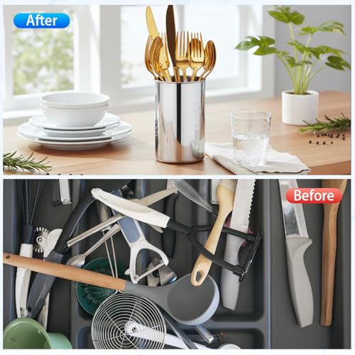 3 Pcs Stainless Steel Utensil Holders for Kitchen Counter, 5.5" x 7.3" Silver Cylinder Countertop Utensil Organizer Heavy Base and Dishwasher Safe for Home Cafe Restaurant Cooking Utensils