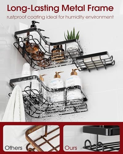 Corner Shower Caddy - 3-Pack Shower Organizer with Soap Holder & Built-In Hooks, Rustproof Metal Shower Shelves, Laundry, Kitchen, Bathroom Organizers and Storage Solution, Large, Black