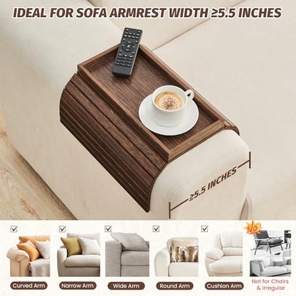 Bamboo Sofa Arm Tray, Foldable Couch Arm Tray Side Table, Anti-Falling Armrest Tables Cup Holder for Snacks, Drinks, Beers, Phone, Control, Flexible and Portable, Anti-Slip Bottom