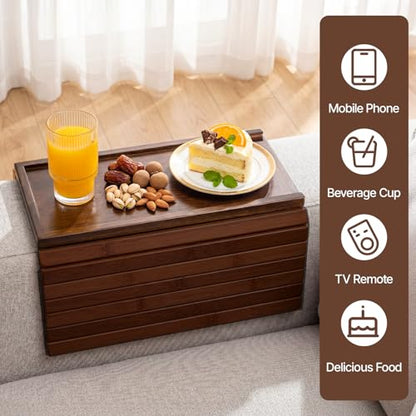 Bamboo Sofa Armrest Tray, Foldable Couch Arm Tray Side Table, 2 in 1 Anti-Falling Armrest Tables Cup Holder for Snacks, Drinks, Beers, Phone, Control, Flexible and Portable, Anti-Slip, (Brown)