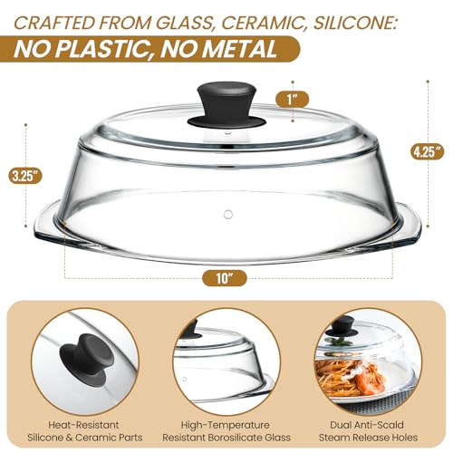 2 in 1, Tall Glass Microwave Splatter Cover for Food & Microwave Place Mat, Plate Splatter Guard Lid with Silicone Handle Knob, Cookware & Bakeware Serving Dish Cover, Food Grade, No Plastic, 10in