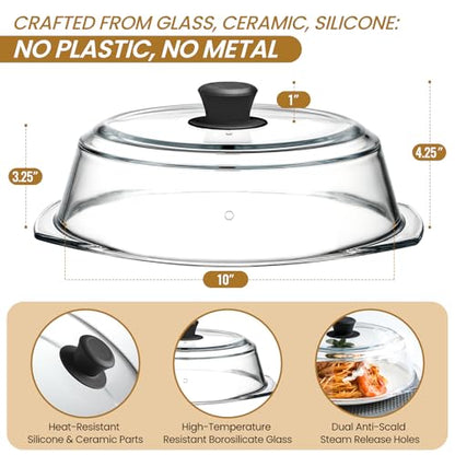 2 in 1, Tall Glass Microwave Splatter Cover for Food & Microwave Place Mat, Plate Splatter Guard Lid with Silicone Handle Knob, Cookware & Bakeware Serving Dish Cover, Food Grade, No Plastic, 10in