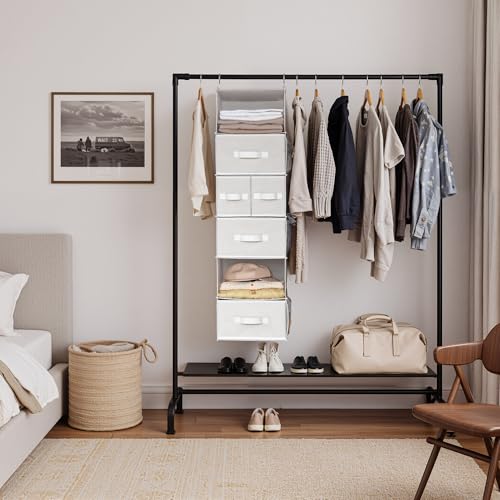 GRANNY SAYS Hanging Closet Organizer and Storage, 6 Shelf Clothes Organization with Drawers, 6 Side Pockets Closet Hanging Shelves for Bras, Socks, Underwear, Nursery Room, Wardrobe, White, 1-Pack