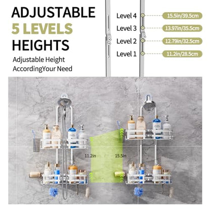 Aluminum Shower Caddy Hanging,Shower Caddy, Never Rust Shower Organizer | 4 Levels with adjustable Height 10 Hooks for Razor/Sponge - Rack with Soap Basket (Silver)