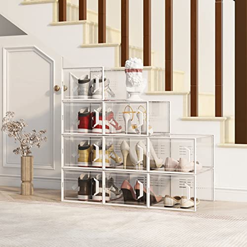 X-Large Shoe Storage Box Fit Size 11, Clear Plastic Stackable Shoe Organizer for Closet, Space Saving Sneaker Shoe Rack Containers Bins Holders for Entryway, Under Bed, 12 Pack Black