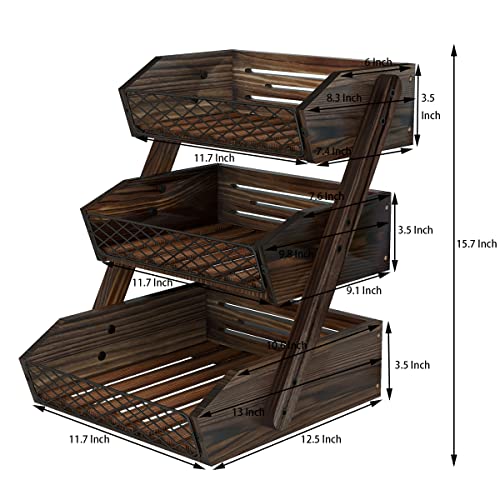 Dorhors Fruit Basket for Kitchen Counter Organizer,Fruit Bowl Stand Storage | 3 tier Rustic Brown Vegetable Holder,Wood Bread Display Rack,Kitchen Countertop Organizer Shelf for Snack,Onion,Banana,Potato