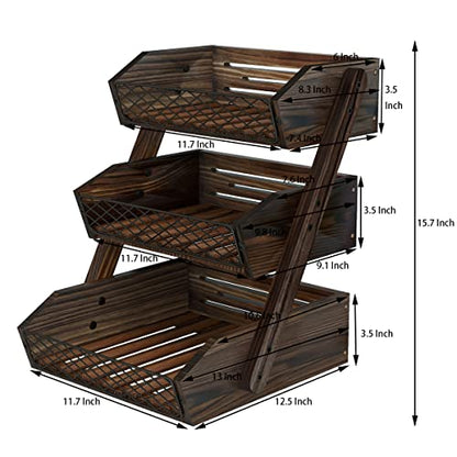 Dorhors Fruit Basket for Kitchen Counter Organizer,Fruit Bowl Stand Storage | 3 tier Rustic Brown Vegetable Holder,Wood Bread Display Rack,Kitchen Countertop Organizer Shelf for Snack,Onion,Banana,Potato