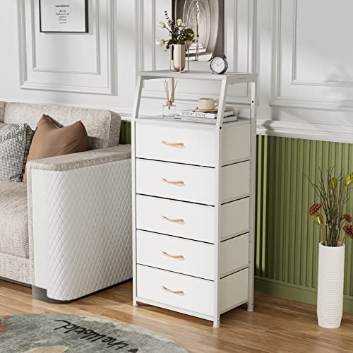 White Tall Dresser for Bedroom, 5 Fabric Bins Tall Nightstand | Dorm Dresser, Vertical Storage for Closet, Chest of Drawer for Entryway, Nightstand Bedside Table, Metal Frame,Wood Top