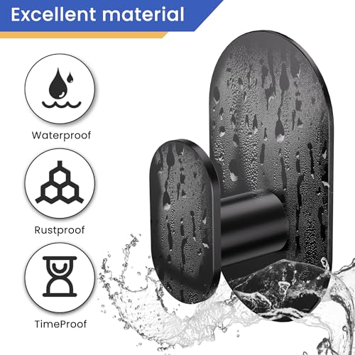 Aikzik Adhesive Towel Hooks - 4 Pack 26LB Extra Strong Heavy Duty Wall Hooks for Bathroom/Shower Door Hanging Coat, Robe, Towel, Dogs' Leads and Collars (Matte Black, Stainless Steel)