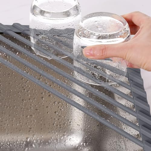 Tomorotec Roll Up Dish Drying Rack with Silicone Coating, Deep Gray | 304 Stainless Steel with BPA-Free Silicone, Triangle Design Maximizes Sink Corner Space, Fits Compact Kitchens And RVs