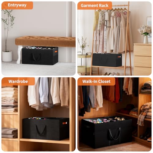 2 Pack Shoe Organizer for Closet, Large Shoe Storage Box, Black | Fits up to 48 Pairs, Stackable, Space Saving, Foldable, Shoes Organizer Bin with Clear Cover, 4 Reinforced Handles