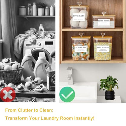 4 Pack Clear Laundry Pods Container & Dryer Sheet Holder Set with Lid, Laundry Containers with Scoops & Labels, Laundry Room Organization and Storage for Laundry Detergent, Pods, Powder, Beads