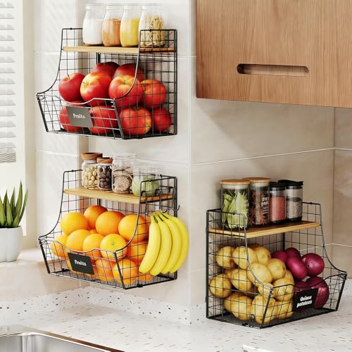 3 Pack wire Fruit Basket for Kitchen with Wood Lid - Counter&Wall Mounted Onion and Potato Storage with Nameplate, Hanging Baskets for Vegetable,11.81 * 10.63 * 8.66 Inch