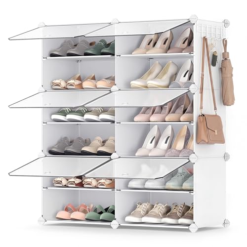 SONGMICS Shoe Rack Organizer, 6-Tier Shoe Storage Cabinet for Closet and Entryway, Holds 24 Pairs of Shoes, Adjustable, Cloud White and Transparent ULPC033W01