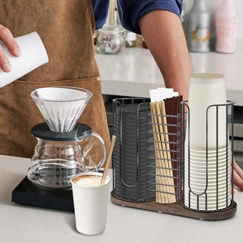 3-Compartment 18oz Coffee Cup Dispenser Rack with Wood Base, Disposable Cup, and Lid Organizer for Countertop - Perfect for Paper Cups, Straws, and Kitchen Cabinet Storage