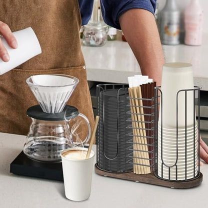 3-Compartment 18oz Coffee Cup Dispenser Rack with Wood Base, Disposable Cup, and Lid Organizer for Countertop - Perfect for Paper Cups, Straws, and Kitchen Cabinet Storage