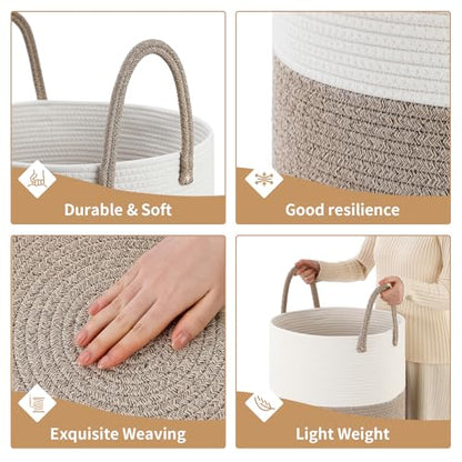 Laundry Basket Hamper Tall Rope Storage Woven for Blanket Toys Dirty Clothes in Living Room Bathroom Bedroom White & Brown 60L/15.8Gal