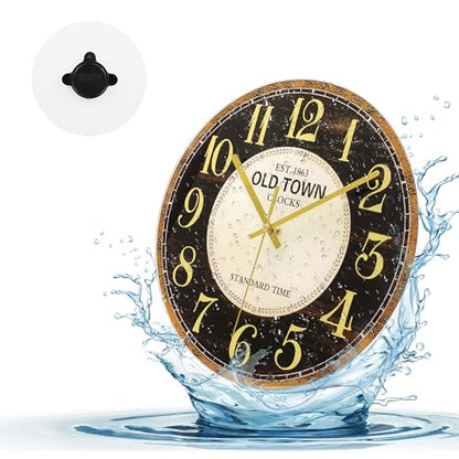Waterproof Outdoor Wall Clock 12in Silent Patio Pool Black Gold Decor | WISKALON Glass Retro Vintage Battery Operated Non-Ticking Quartz Analog For Room Office