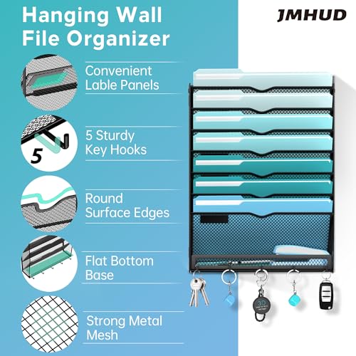 8-Tier Wall File Organizer and Mail Organizer with 5 Hooks, Black | Label slots, curved openings, 5 key hooks, and a bottom tray support organized mail, file, and everyday item storage.