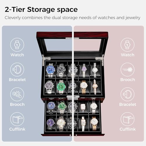 ANWBROAD Watch Box 20-Slot Wooden Watch Case Organizer with Large Glass Lid | 2-Layer Watch Display Case for Men with Removable Watch Pillows, Lockable Watch Storage Box with Piano Paint UJWB002Y