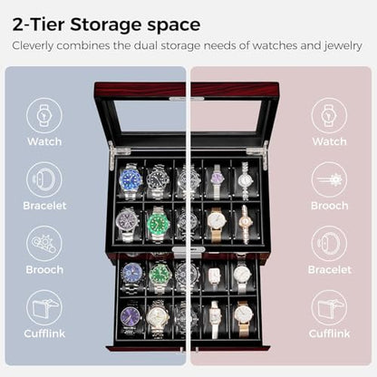 ANWBROAD Watch Box 20-Slot Wooden Watch Case Organizer with Large Glass Lid | 2-Layer Watch Display Case for Men with Removable Watch Pillows, Lockable Watch Storage Box with Piano Paint UJWB002Y
