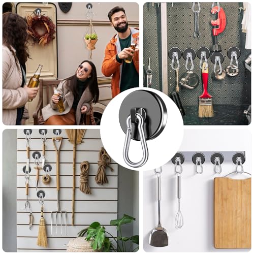 Carabiner Magnetic Hooks, 110LBS Strong Magnets, Black, 12 Pack | Magnetic Hooks Heavy Duty with Swivel Carabiner Hook, Great for Hanging for Cruise, Garage, Kitchen, Refrigerator, Locker